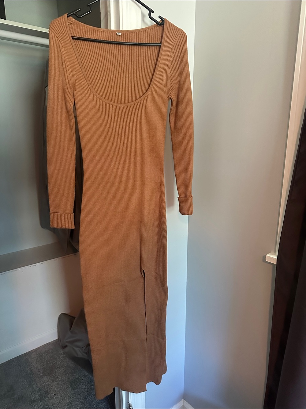 Ribbed Long Sleeve Scoop Neck Dress - Camel